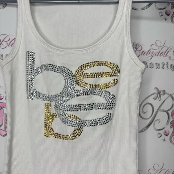 Bebe White Tank Top bling rhinestone diamonds Gold and Silver Logo OG - Picture 5 of 8